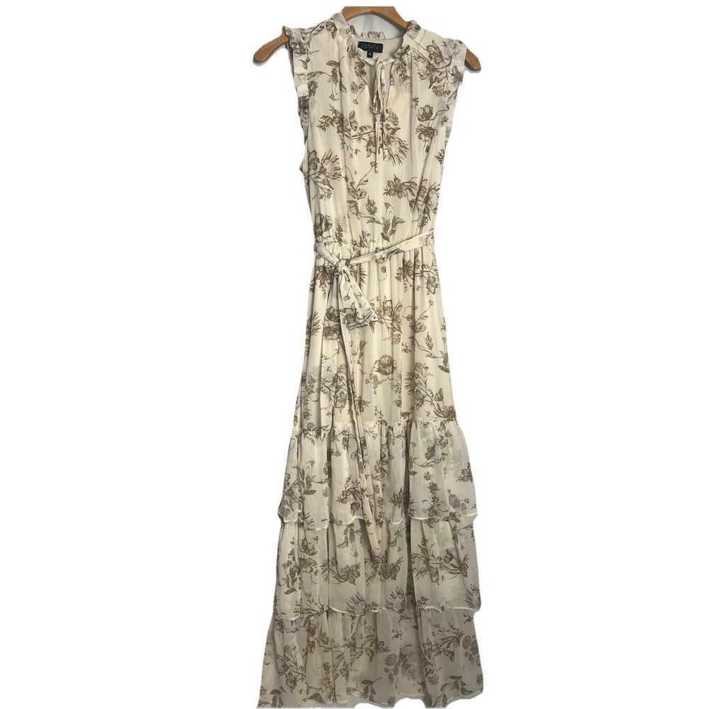 1.STATE Women's tiered Ruffle sheer white floral Maxi Dress Boho Fairy cottage.